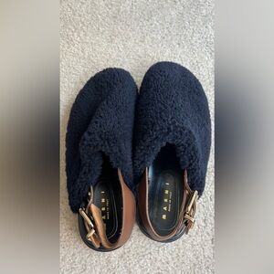 Marni navy shearling clogs